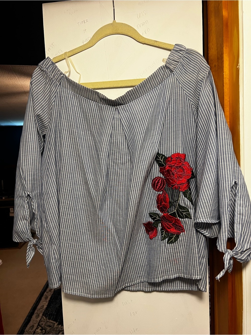 Striped Off-Shoulder Blouse with Red Rose Applique
